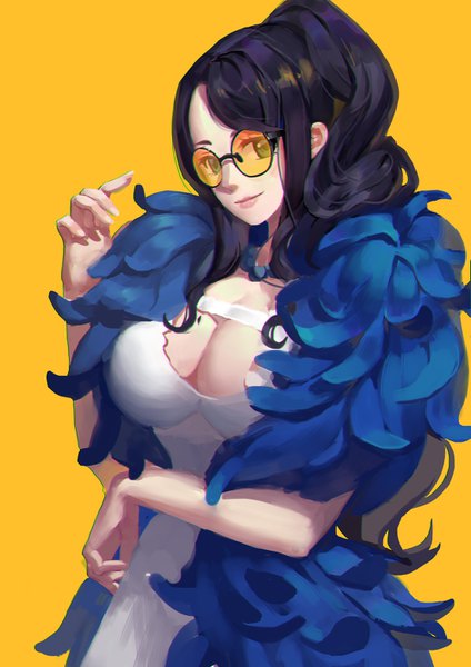 Anime picture 1000x1414 with one piece one piece film: gold toei animation nico robin duzie e single long hair tall image looking at viewer fringe breasts light erotic black hair simple background smile large breasts standing ponytail lips black eyes