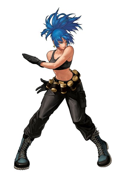 Anime picture 1274x1754 with the king of fighters the king of fighters xii snk leona heidern ogura eisuke single long hair tall image blue eyes simple background white background blue hair looking away full body ponytail official art midriff girl gloves uniform