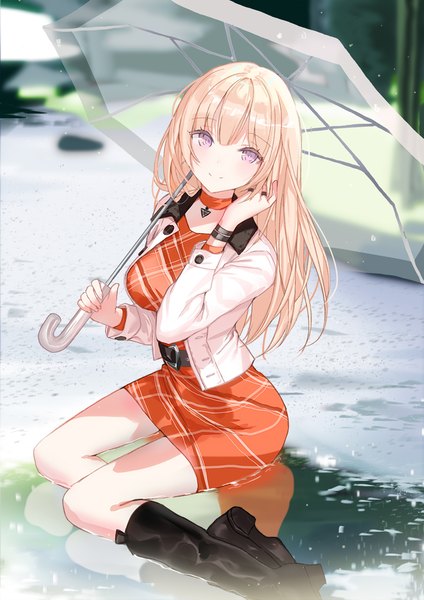 Anime picture 827x1169 with original lloule single long hair tall image looking at viewer blush fringe breasts blonde hair smile hair between eyes sitting purple eyes holding outdoors blunt bangs long sleeves head tilt blurry