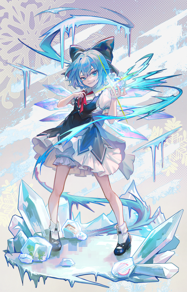 Anime picture 1055x1650 with touhou cirno kyusoukyu single tall image looking at viewer short hair blue eyes smile standing blue hair full body grin magic girl dress bow hair bow wings socks