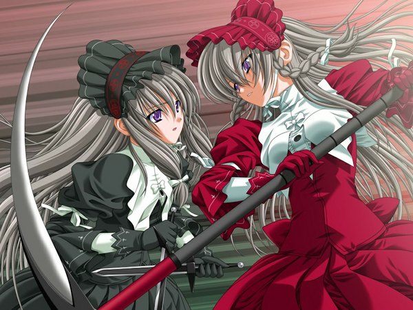 Anime picture 1024x768 with kourin tenshi en ciel rena (game) purple eyes multiple girls game cg silver hair girl 2 girls