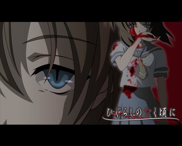 Anime picture 1280x1024 with higurashi no naku koro ni studio deen ryuuguu rena single looking at viewer fringe short hair blue eyes hair between eyes brown hair pleated skirt short sleeves copyright name looking down letterboxed close-up face covered mouth blood on face bloody clothes