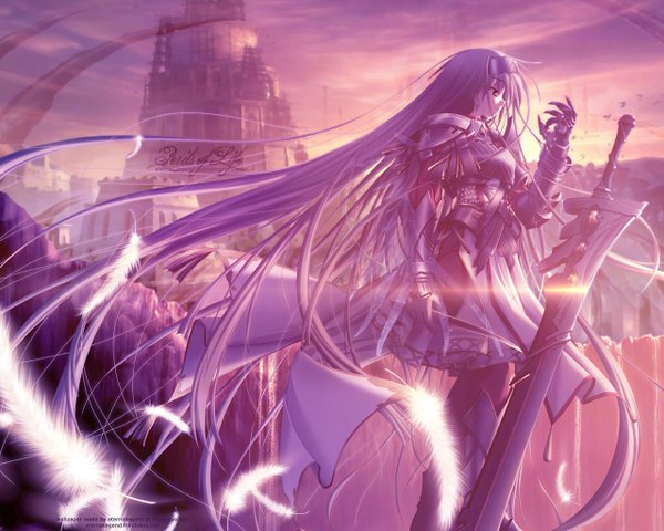 Anime picture 1280x1024 with primitive link purple software sione long hair weapon sword armor feather (feathers)
