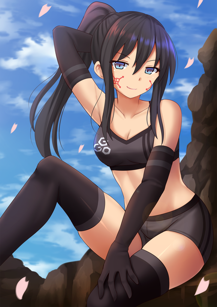 Anime picture 1200x1697 with sword art online sword art online alternative: gun gale online a-1 pictures pitohui (sao) kazenokaze single long hair tall image looking at viewer fringe breasts blue eyes light erotic black hair smile hair between eyes large breasts sitting payot sky