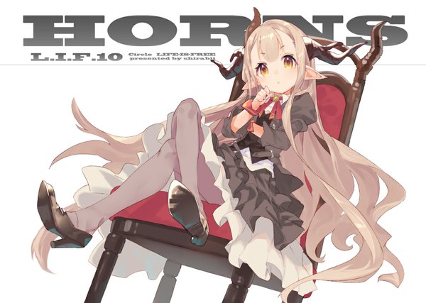 Anime picture 1128x804 with original shirabi single long hair looking at viewer fringe blonde hair sitting yellow eyes bent knee (knees) horn (horns) pointy ears inscription from below crossed legs text english girl dress pantyhose