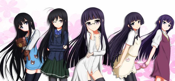 Anime picture 2841x1320 with accel world working!! inu x boku ss kamisama no memochou sunrise (studio) a-1 pictures david production kuroyukihime shirakiin ririchiyo yamada aoi shionji yuuko (alice) tom-ani (artist) long hair blush highres black hair smile red eyes wide image purple eyes