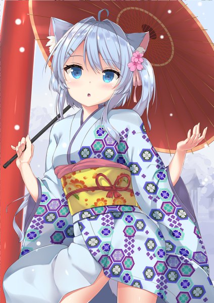 Anime picture 849x1200 with azur lane asashio (azur lane) nekomushi (second point) single long hair tall image looking at viewer blush fringe open mouth blue eyes hair between eyes standing holding animal ears blue hair ahoge outdoors tail long sleeves