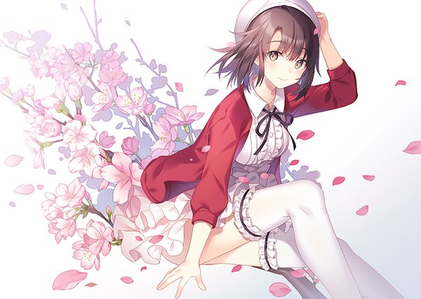 Anime picture 800x569 with saenai heroine no sodatekata a-1 pictures katou megumi rie (reverie) single looking at viewer fringe short hair simple background smile brown hair white background sitting brown eyes bent knee (knees) wind arm support gradient background cherry blossoms adjusting hat