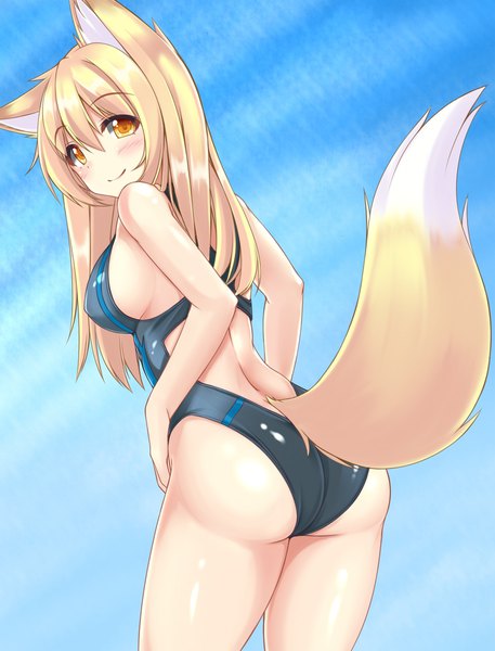 Anime picture 1523x2000 with original sogaya single long hair tall image blush fringe light erotic blonde hair smile hair between eyes animal ears yellow eyes looking away ass tail animal tail looking back fox ears gradient background