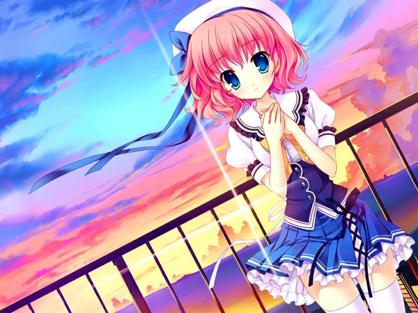 Anime picture 1024x768 with yuyukana himezono risa mitha short hair blue eyes pink hair game cg cloud (clouds) evening sunset girl thighhighs white thighhighs
