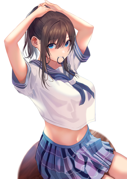 Anime picture 2894x4093 with original inushima single long hair tall image looking at viewer blush fringe highres breasts blue eyes light erotic simple background hair between eyes brown hair white background sitting holding ponytail pleated skirt