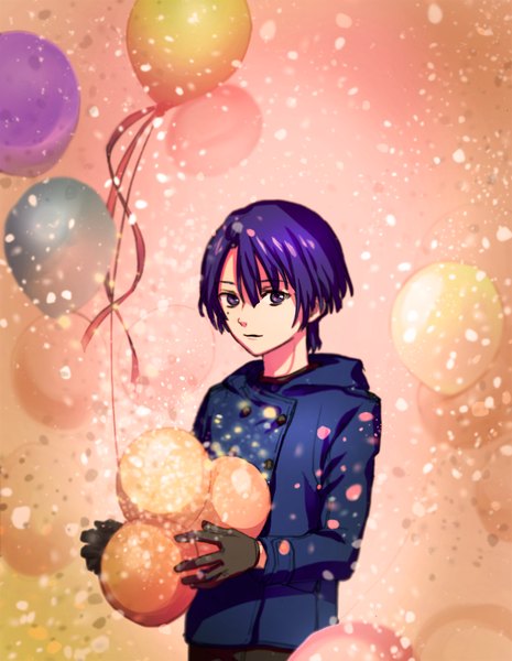 Anime picture 800x1032 with uta no prince-sama a-1 pictures hijirikawa masato tagme (artist) tall image looking at viewer short hair simple background standing holding light smile mole mole under eye boy gloves black gloves coat child (children) balloon