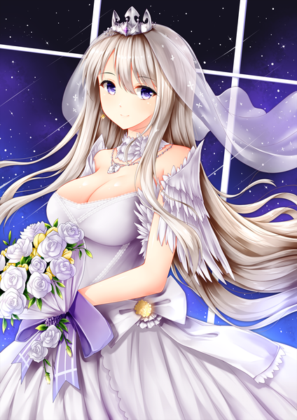 Anime picture 1131x1600 with azur lane enterprise (azur lane) enterprise (starlight oath) (azur lane) wsman single long hair tall image looking at viewer blush fringe breasts light erotic smile hair between eyes large breasts standing purple eyes holding cleavage grey hair
