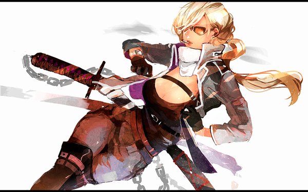 Anime picture 1600x1000 with original hebi (yurari) single long hair fringe light erotic blonde hair wide image white background cleavage ponytail hair over one eye teeth mouth hold letterboxed smoke smoking girl gloves weapon