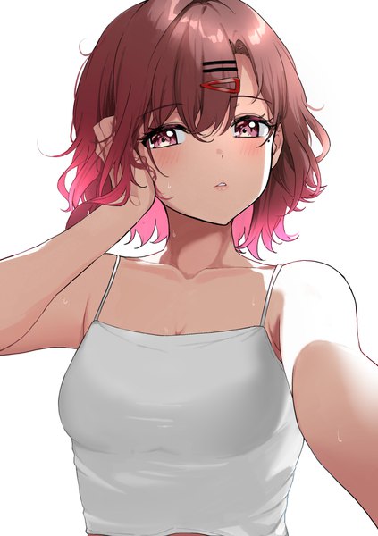 Anime picture 2039x2894 with idolmaster idolmaster shiny colors higuchi madoka nonbire single tall image looking at viewer blush fringe highres short hair breasts simple background hair between eyes brown hair white background bare shoulders brown eyes upper body parted lips