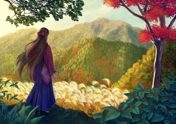 Anime picture 2047x1447 with original ebi furai (erhu112) single long hair highres brown hair standing sky very long hair japanese clothes from behind back mountain landscape scenic field girl bow plant (plants) hair bow