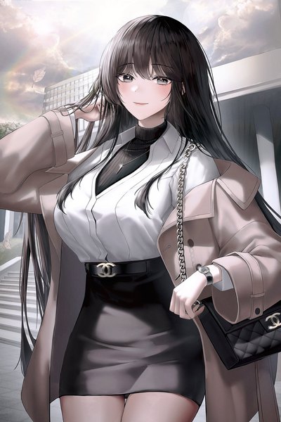 Anime picture 1364x2048 with original dalla (888 dalae) single long hair tall image looking at viewer fringe breasts black hair hair between eyes standing sky cloud (clouds) outdoors long sleeves arm up light smile sunlight off shoulder open clothes