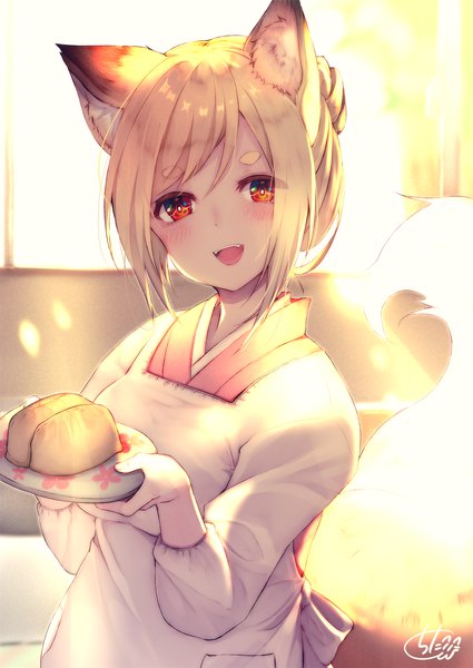 Anime picture 1417x2000 with original chita (ketchup) single tall image looking at viewer blush fringe short hair open mouth blonde hair smile hair between eyes red eyes standing holding signed animal ears upper body tail :d