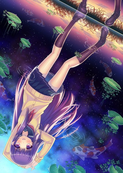 Anime picture 883x1234 with original tonchan single long hair tall image looking at viewer blush open mouth purple eyes purple hair reflection girl skirt uniform plant (plants) miniskirt animal socks serafuku black socks