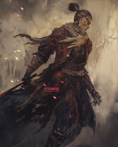Anime picture 1080x1351 with sekiro: shadows die twice from software sekiro shimhaq single tall image short hair black hair standing holding signed yellow eyes looking away ponytail profile boy weapon sword katana