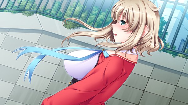 イラスト 1024x576 と パパラブ 2軒目 赤面 短い髪 light erotic 金髪 wide image 緑の目 game cg 女の子 制服 学生服