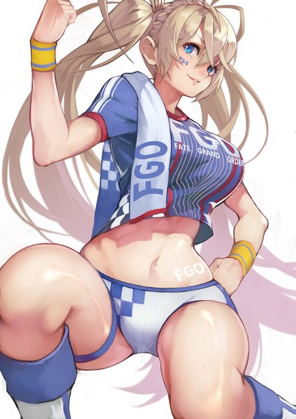 Anime picture 1448x2048 with fate (series) fate/grand order bradamante (fate/grand order) bradamante (festival outfit) (fate) yoshio (55level) single long hair tall image looking at viewer fringe breasts blue eyes light erotic simple background blonde hair smile large breasts white background twintails payot