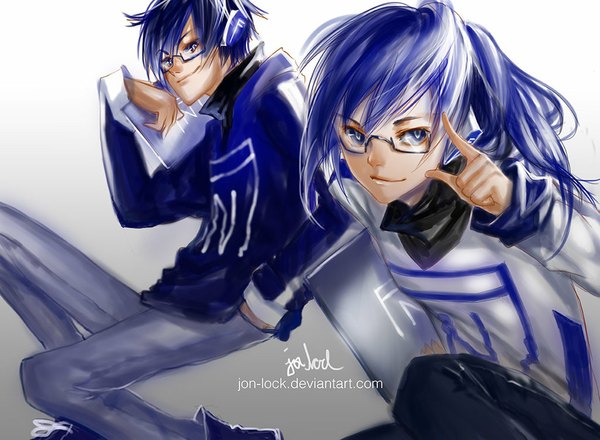 Anime picture 1024x751 with original fanfiction (character) jon-lock (artist) fringe short hair blue eyes simple background smile white background holding blue hair light smile grey background hand in pocket adjusting glasses boy glasses boots headphones sweater