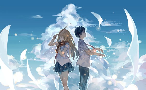 Anime picture 1800x1121 with shigatsu wa kimi no uso a-1 pictures miyazono kaori arima kousei zicai tang long hair highres short hair black hair blonde hair smile wide image standing sky cloud (clouds) pleated skirt wind outstretched arm girl boy