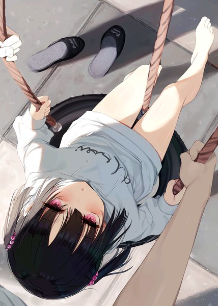 Anime picture 744x1044 with original bare legs girl (kamizaki hibana) kamizaki hibana tall image looking at viewer blush fringe short hair black hair hair between eyes sitting twintails long sleeves pink eyes barefoot from above bare legs shadow dutch angle solo focus