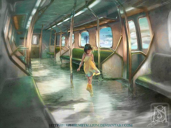 Anime picture 1333x1000 with original sylphielmetallium single black hair eyes closed walking girl water sundress child (children) train