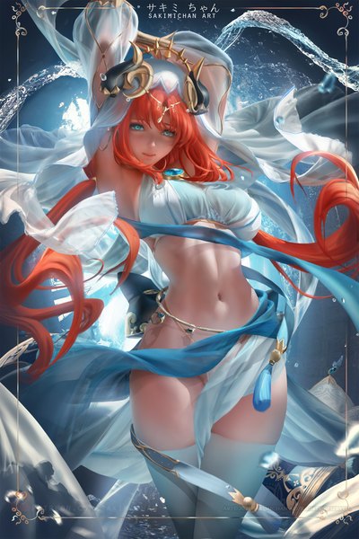 Anime picture 2333x3500 with genshin impact nilou (genshin impact) sakimichan single long hair tall image looking at viewer fringe highres breasts light erotic twintails signed red hair blunt bangs horn (horns) aqua eyes realistic arms up armpit (armpits)