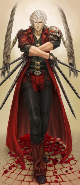 Anime picture 1797x4129 with devil may cry dante (devil may cry) zetsuai89 single tall image highres short hair simple background green eyes white hair light smile lips realistic hieroglyph twisty sleeves boy gloves weapon petals belt
