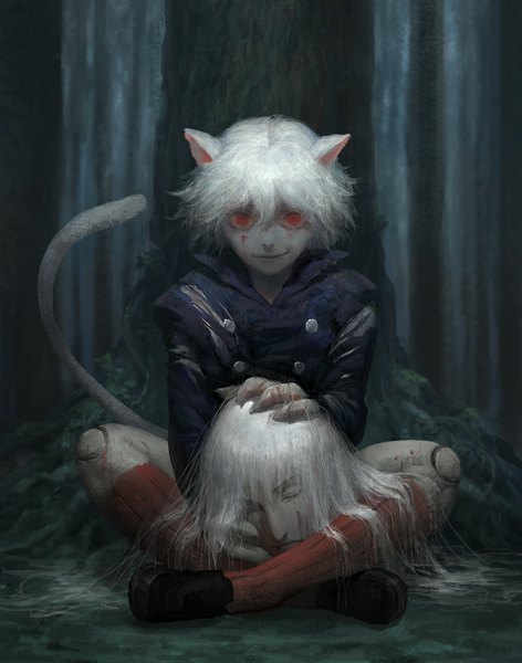 Anime picture 800x1016 with hunter x hunter neferupito kite (hunter x hunter) diaodiao single long hair tall image short hair smile red eyes sitting holding animal ears white hair tail animal tail lips cat ears cat girl cat tail