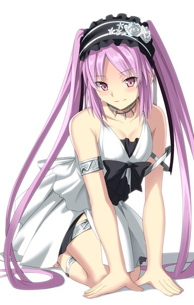 Anime picture 563x880 with fate (series) fate/grand order fate/hollow ataraxia euryale (fate) shiseki hirame single tall image looking at viewer blush breasts simple background smile white background purple eyes twintails bare shoulders payot purple hair full body very long hair