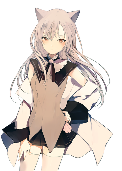 Anime picture 700x984 with original lpip single long hair tall image looking at viewer blush fringe breasts simple background hair between eyes standing white background brown eyes animal ears grey hair hand on hip girl thighhighs dress