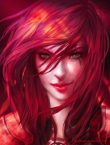 Anime picture 1200x1572 with league of legends katarina (league of legends) april twen single long hair tall image looking at viewer fringe green eyes red hair light smile lips lipstick portrait scar close-up face red lipstick girl