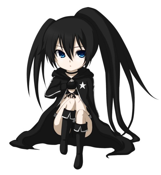 イラスト 1643x1778 と ブラック★ロックシューター black rock shooter (character) kuena ソロ 長髪 長身像 青い目 黒髪 simple background 白背景 ツインテール scar ちび 女の子 ブーツ マント