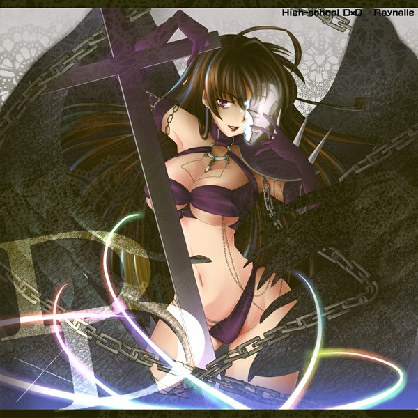 Anime picture 1050x1050 with highschool dxd raynare (dxd) raynalle natsumikan (pixiv 1570008) single long hair blush fringe breasts light erotic black hair large breasts purple eyes parted lips light smile black wings angel fallen angel girl gloves