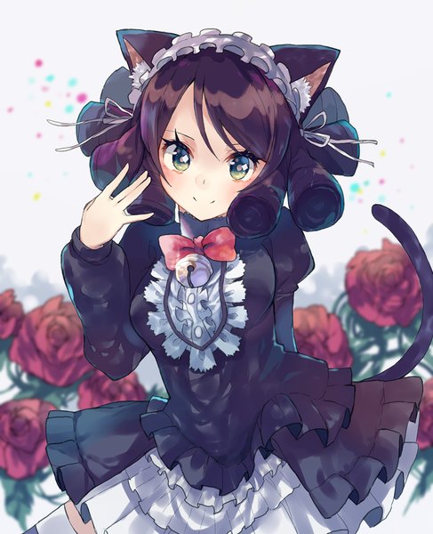Anime-Bild 1000x1231 mit show by rock!! studio bones cyan (show by rock!!) ultone (neisiss) single tall image short hair smile brown hair standing green eyes animal ears tail animal tail cat ears cat girl cat tail drill hair arm behind back bell collar