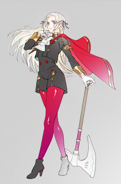 Anime picture 1220x1850 with fire emblem fire emblem: three houses nintendo edelgard von hresvelg in43 single long hair tall image looking at viewer simple background standing purple eyes holding full body white hair arm up grey background high heels girl gloves