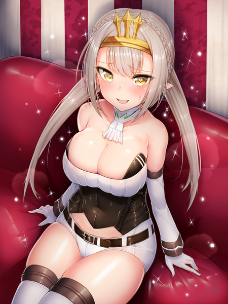 Anime picture 900x1200 with busou shinki doyouwantto single long hair tall image looking at viewer blush fringe breasts open mouth light erotic blonde hair large breasts sitting twintails bare shoulders yellow eyes payot cleavage braid (braids)