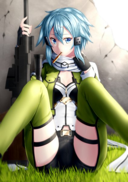 Anime picture 707x1000 with sword art online a-1 pictures asada shino kai (link2262) single tall image looking at viewer short hair blue eyes sitting blue hair girl gloves weapon plant (plants) scarf fingerless gloves gun grass sniper rifle