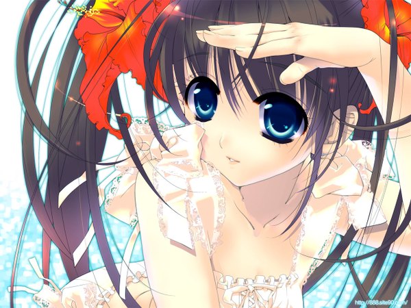 Anime picture 1280x960 with original 888 blue eyes black hair twintails flower (flowers) ribbon (ribbons) frills sea lace