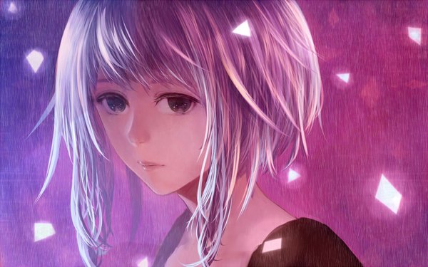 Anime picture 1152x720 with vocaloid gumi bounin single looking at viewer short hair simple background wide image silver hair lips black eyes portrait face purple background girl dress black dress