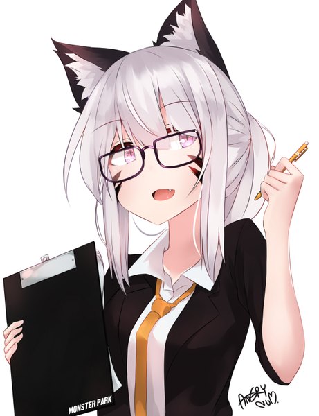 Anime picture 1200x1560 with original angry num single long hair tall image fringe open mouth simple background hair between eyes white background signed animal ears looking away silver hair ponytail pink eyes fang (fangs) fox ears facial mark animal eyes