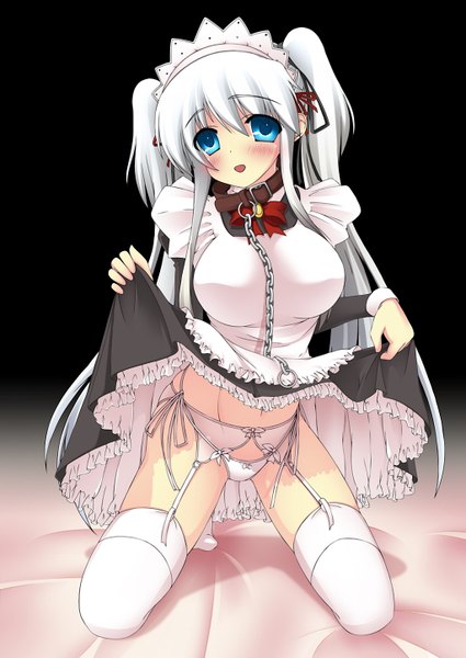 Anime picture 1024x1446 with mabinogi nao (mabinogi) umitsubame single long hair tall image blush blue eyes light erotic twintails white hair maid black background dress lift girl thighhighs underwear panties white thighhighs chain