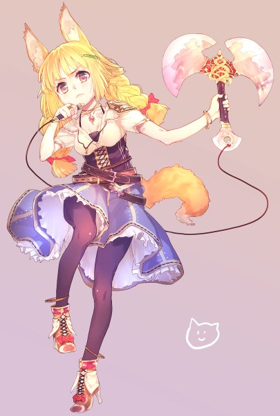 Anime picture 810x1200 with original subachi single long hair tall image looking at viewer simple background blonde hair animal ears tail animal tail pink eyes high heels fox ears fox tail underbust girl skirt hair ornament weapon