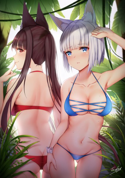 Anime picture 4134x5846 with azur lane akagi (azur lane) kaga (azur lane) akagi (paradise amaryllis) (azur lane) kaga (everlasting killing stone) (azur lane) taitai long hair tall image looking at viewer blush fringe highres short hair breasts blue eyes light erotic red eyes brown hair large breasts standing