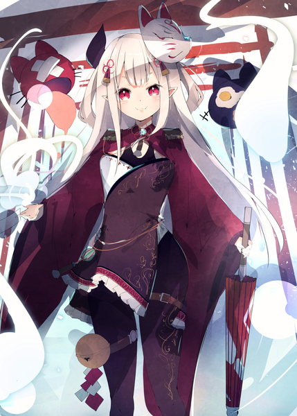 Anime picture 907x1268 with virtual youtuber nijisanji naraka (nijisanji) nekopote single long hair tall image looking at viewer fringe smile red eyes white hair horn (horns) pointy ears two side up mask on head closed umbrella girl umbrella bell
