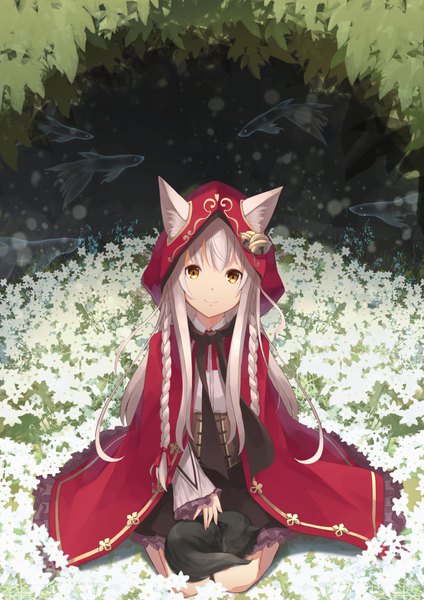 Anime picture 2480x3508 with saihate no pandora pandora (saihate no pandora) sagiri (ulpha220) single long hair tall image looking at viewer highres smile sitting animal ears yellow eyes braid (braids) long sleeves grey hair wolf ears seiza girl flower (flowers) animal